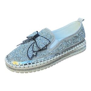 Speusurea Women’s 10/10.5 All Over Rhinestone Slip On  Platform Loafer With Bow